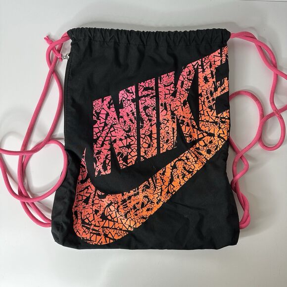 Nike Swoosh Cinch Pack Drawstring Bag Zipper Pocket Hot Pink Orange Sports Gym - Picture 13 of 13